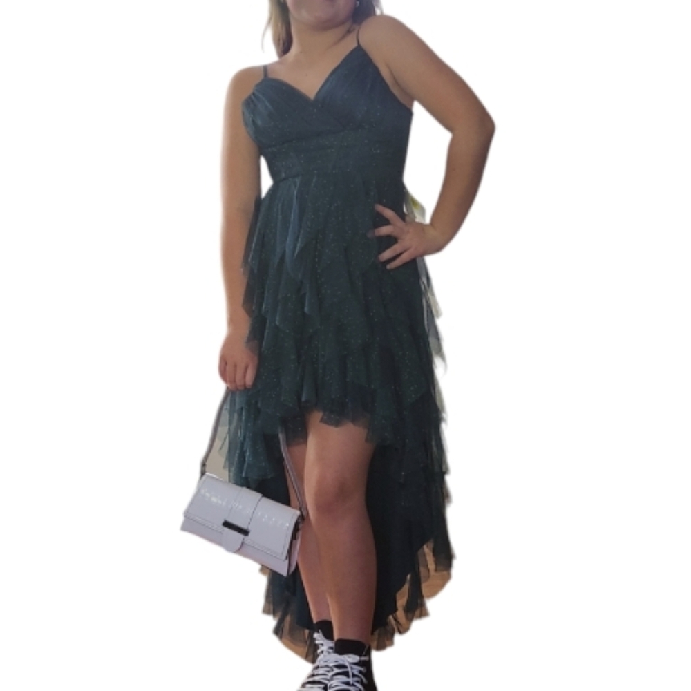 Pear Culture hi low lace up back formal dress teal size 1/2